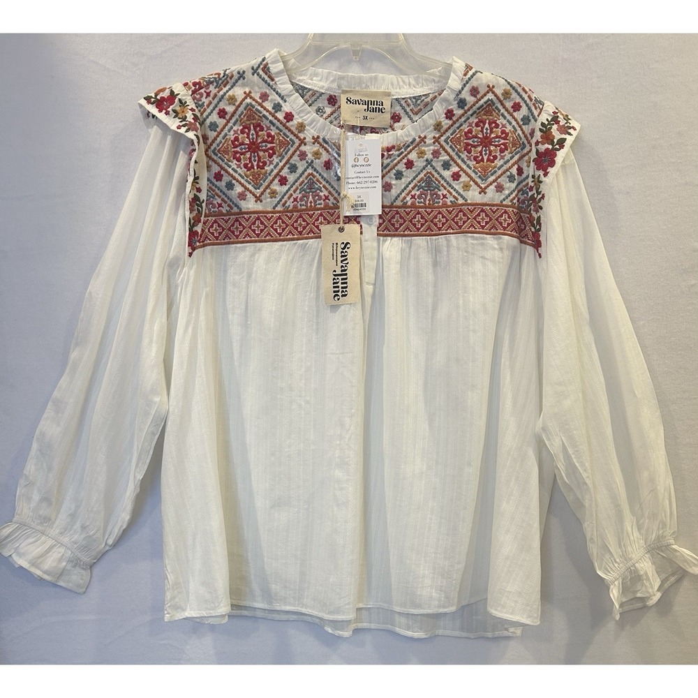 Savanna Jane Bohemian Embroidered Long Sleeve Tunic Top Size 3X Summer Chic